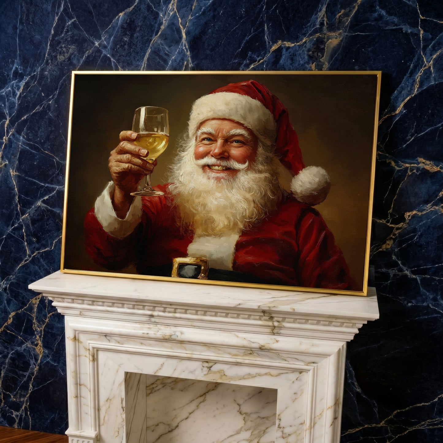 Santa with Wine Canvas Print in yellow gold floating frame