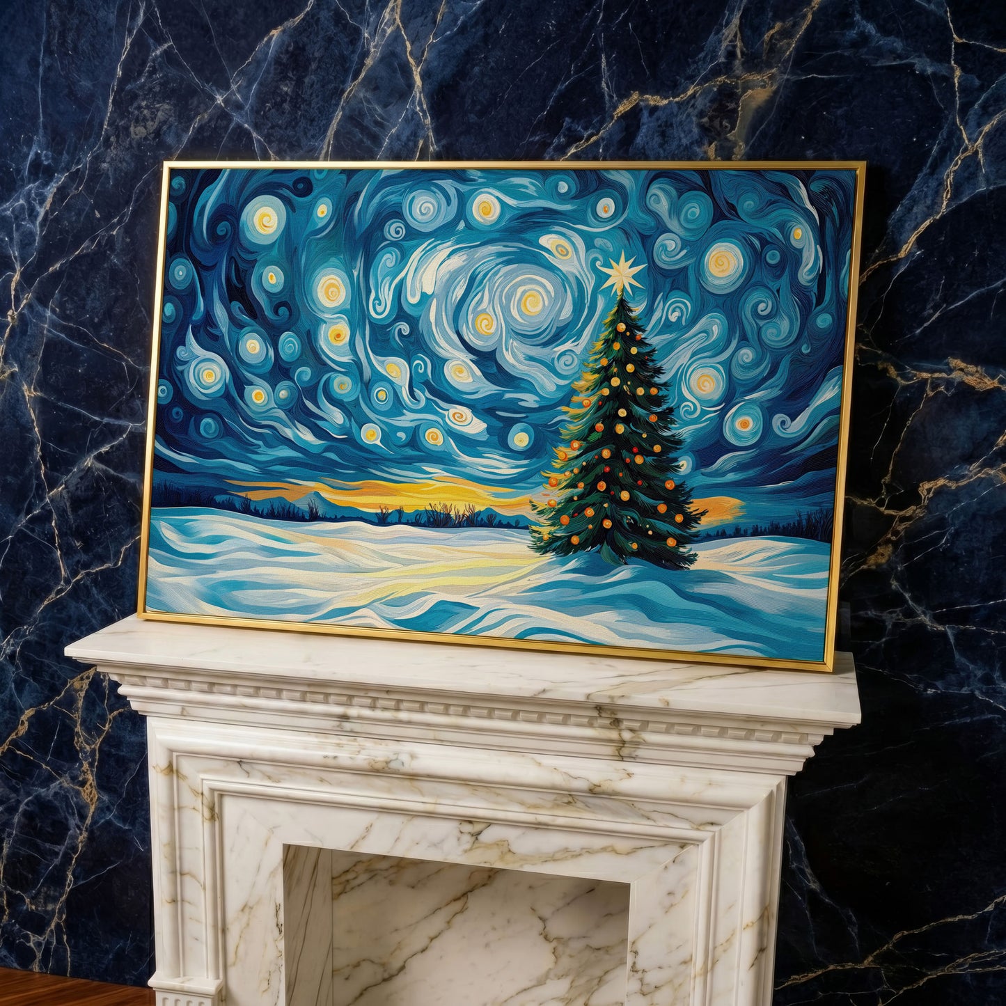 Christmas Tree Under Starry Sky Canvas Print in yellow gold floating frame