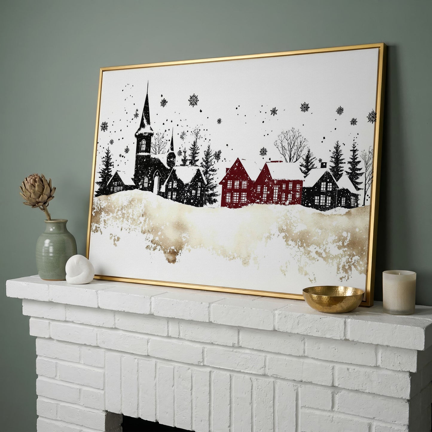 Abstract Winter Houses Canvas Print in yellow gold floating frame