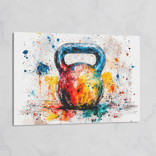 Kettlebell Canvas Print with Splatter Art in Cerulean and Burnt Orange on gallery wrap
