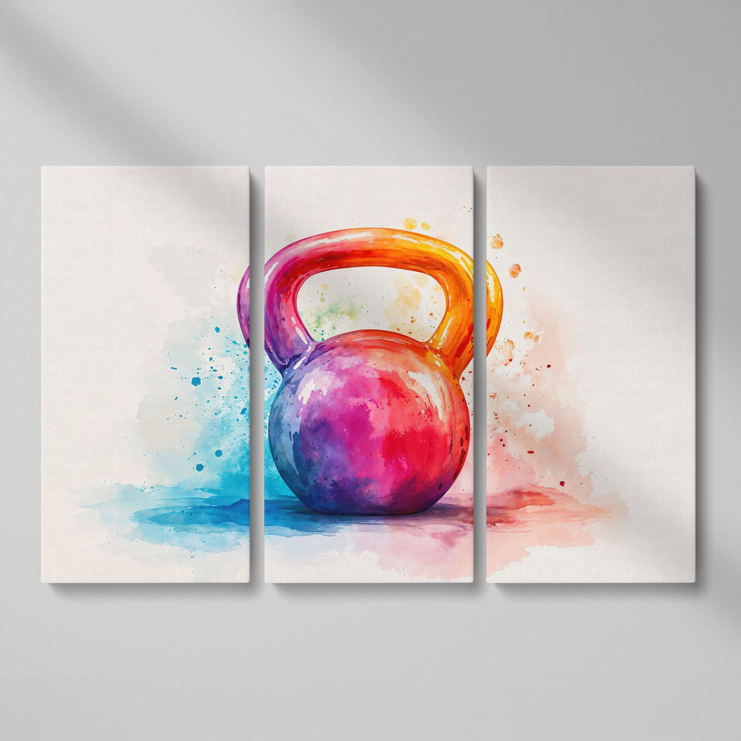 Kettlebell in Watercolor: Magenta, Orange & Blue Canvas as 3-panel split version