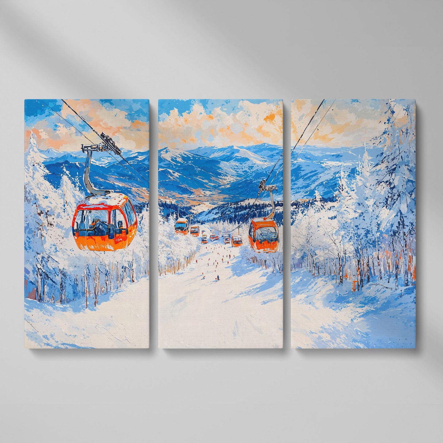 Snowy Mountain Ski Resort Canvas Print with Orange Gondola as 3-panel split version