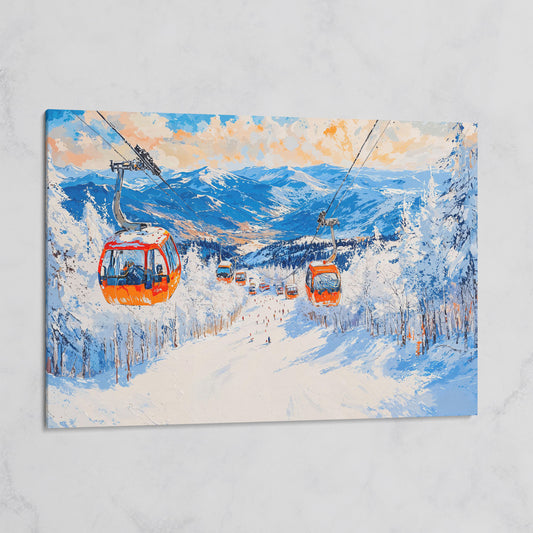 Snowy Mountain Ski Resort Canvas Print with Orange Gondola on gallery wrap