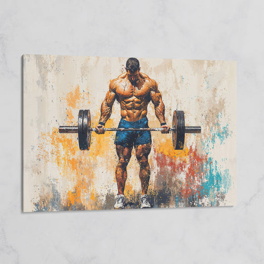 Bodybuilder with Barbell Canvas Print in Teal on gallery wrap