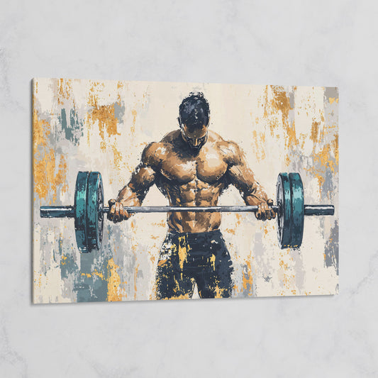 Weightlifter with Barbell Canvas Print in Teal and Gold on gallery wrap