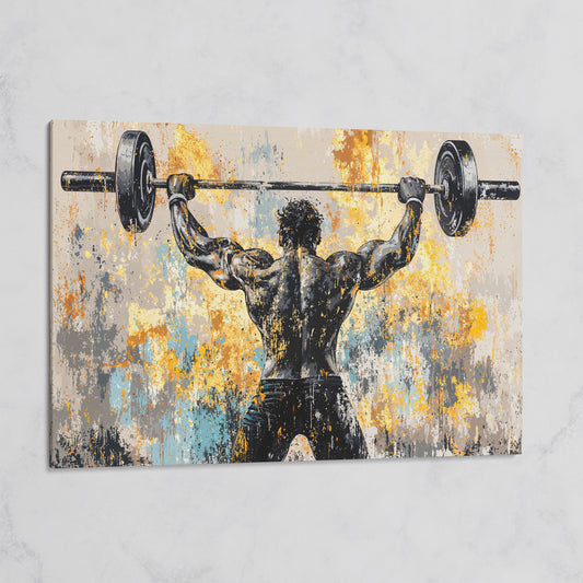 Strongman with Barbell Canvas. Mustard & Charcoal Gym Art on gallery wrap