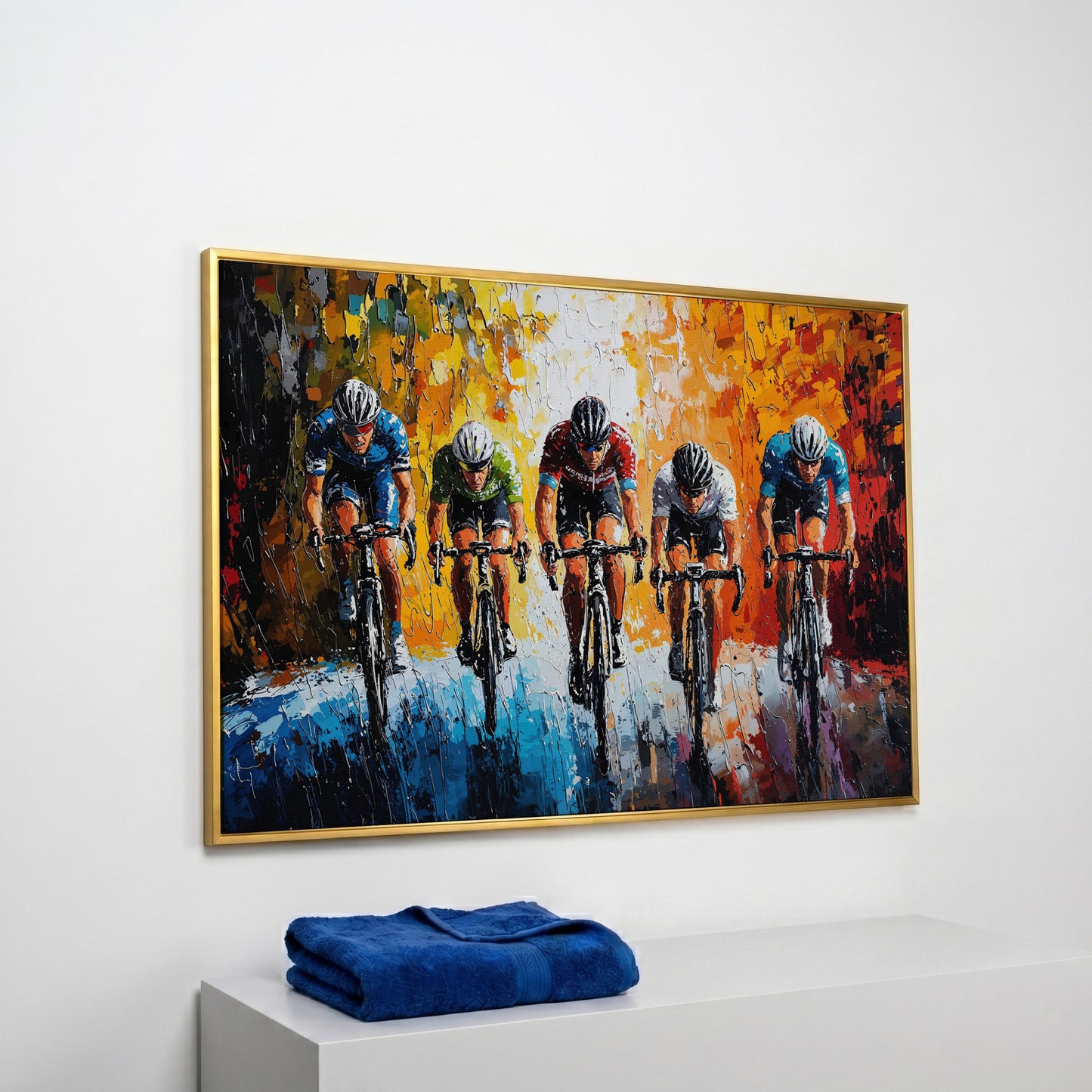 Dynamic Cycling Racing Scene Canvas Print in yellow gold floating frame