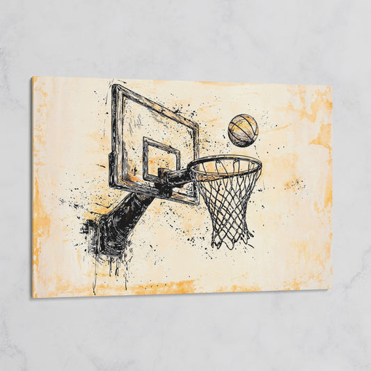 Basketball Hoop Sketch Canvas Print in Sepia and Cream on gallery wrap