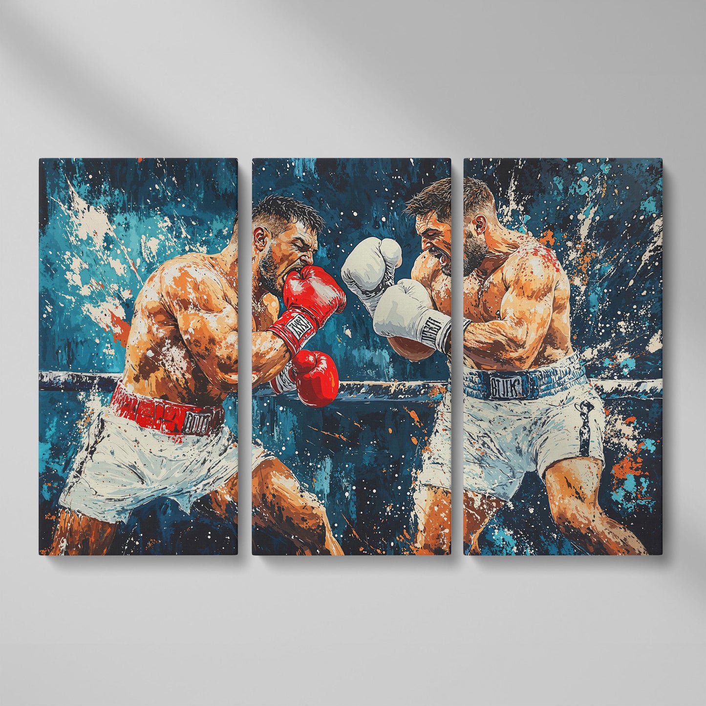Dynamic Boxing Scene Canvas Print for Gym as 3-panel split version