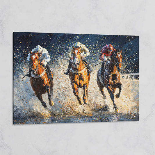 Galloping Horses with Racing Jockeys Canvas Print on gallery wrap