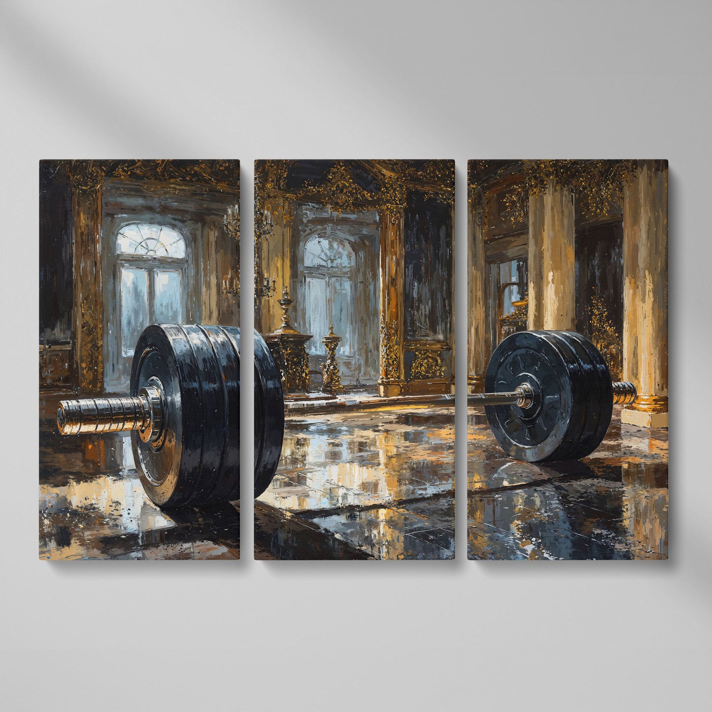 Barbell in Gilt Hall Canvas as 3-panel split version