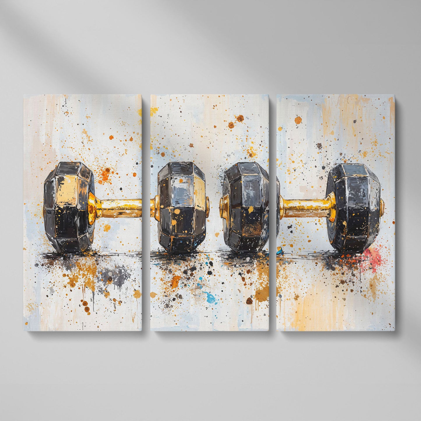 Dumbbells Abstract Canvas Print, Charcoal & Ochre as 3-panel split version