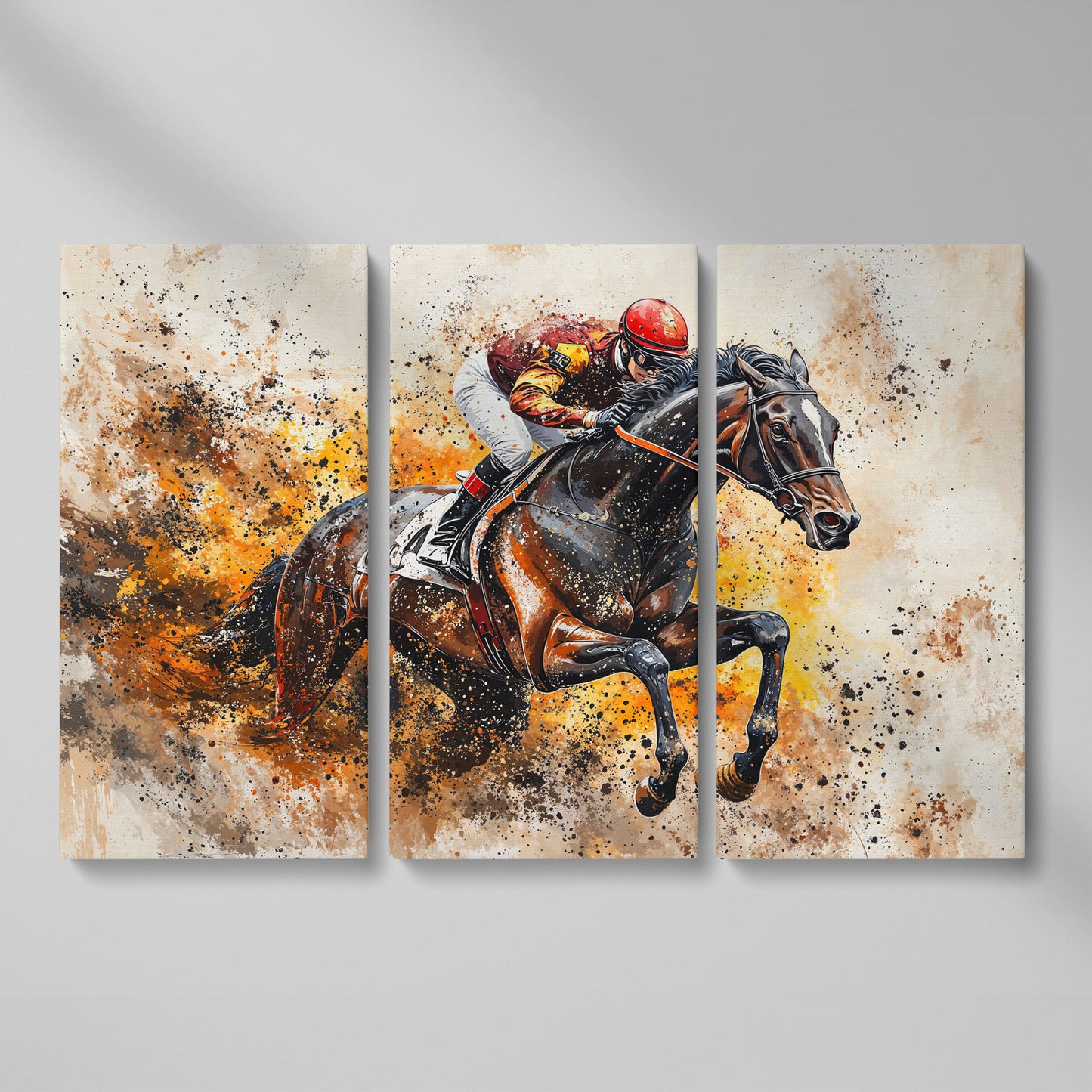 Horse Racing Jockey Canvas Print in Burnt Sienna as 3-panel split version