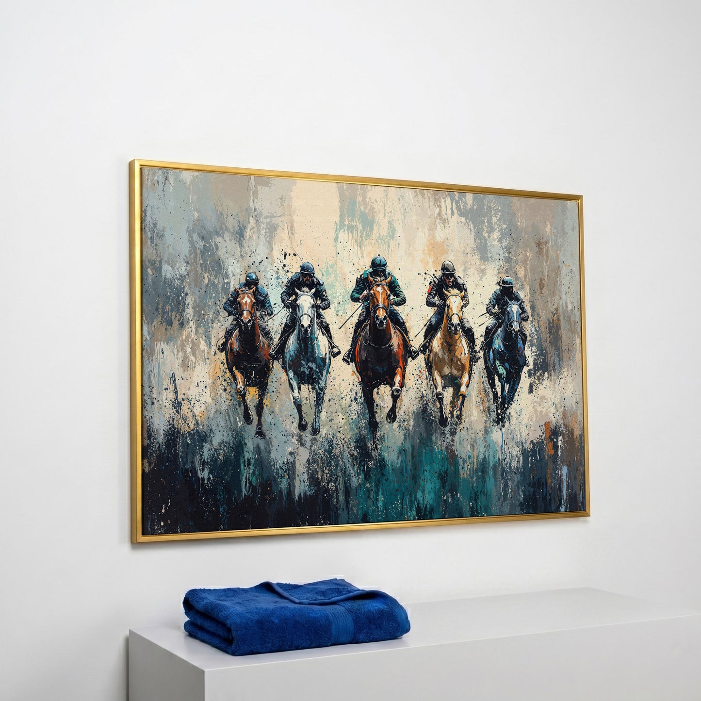 Modern Equestrian Jockeys Canvas Print in yellow gold floating frame