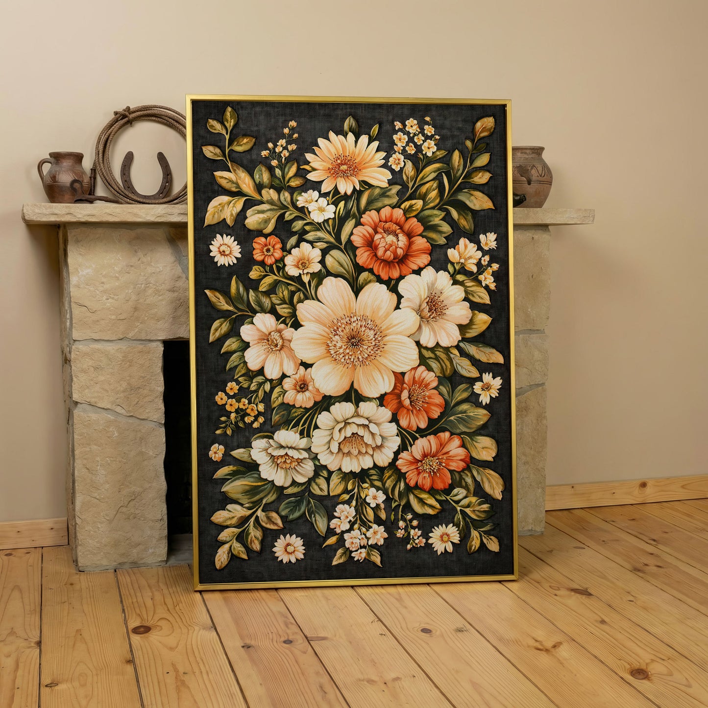 William Morris Botanical Canvas, Ochre & Sage Floral in yellow gold floating frame