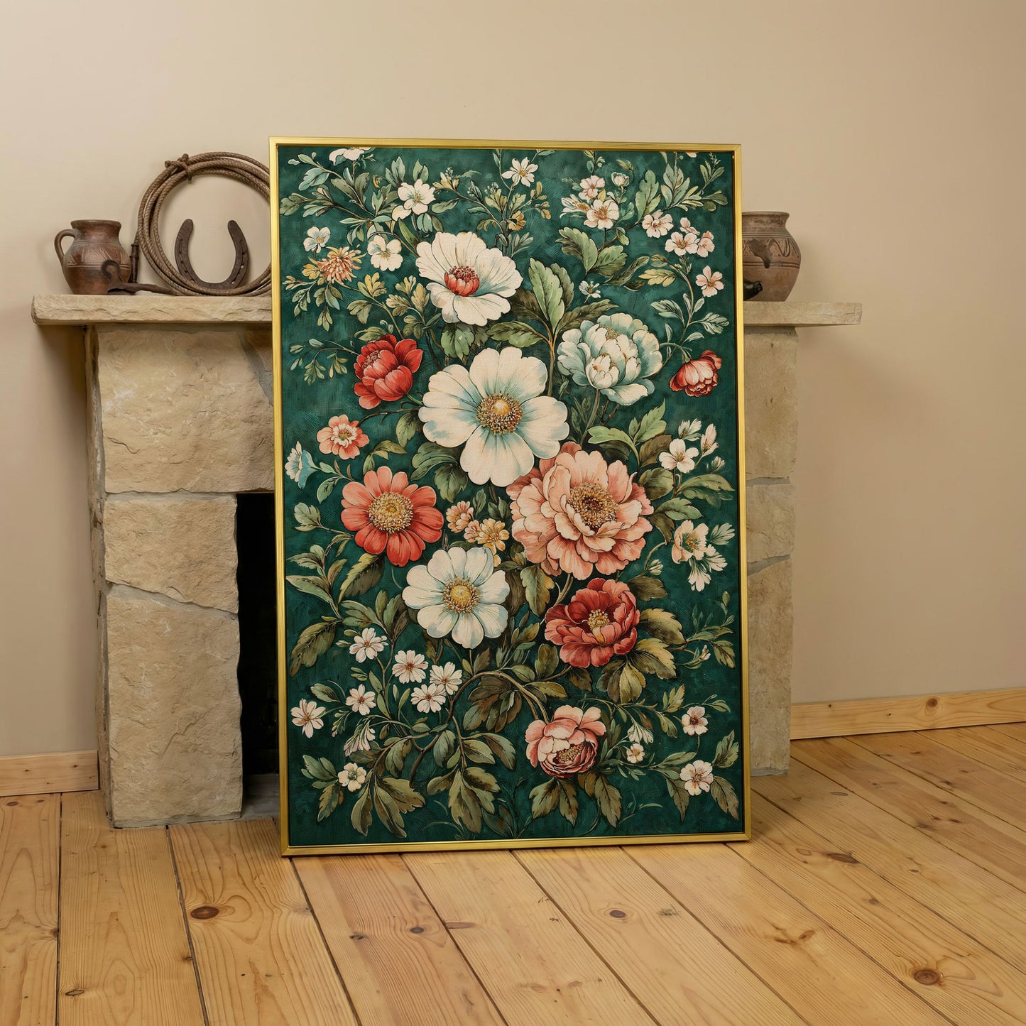 Vintage Peony Canvas with Teal & Coral Botanicals in yellow gold floating frame