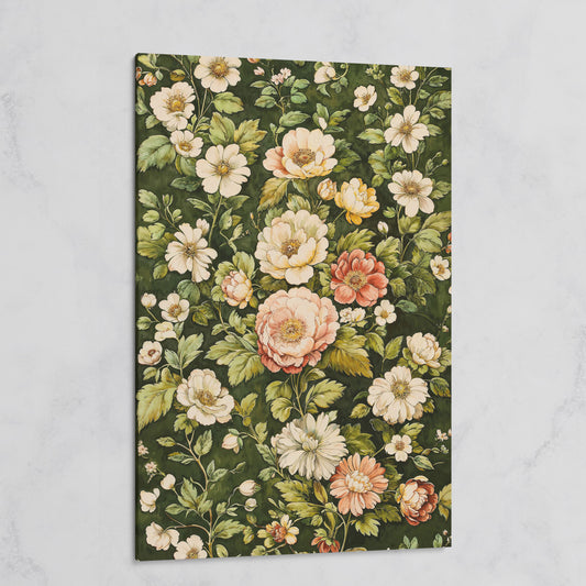 Vintage Peony Canvas Wall Art in Cream and Forest Green on gallery wrap