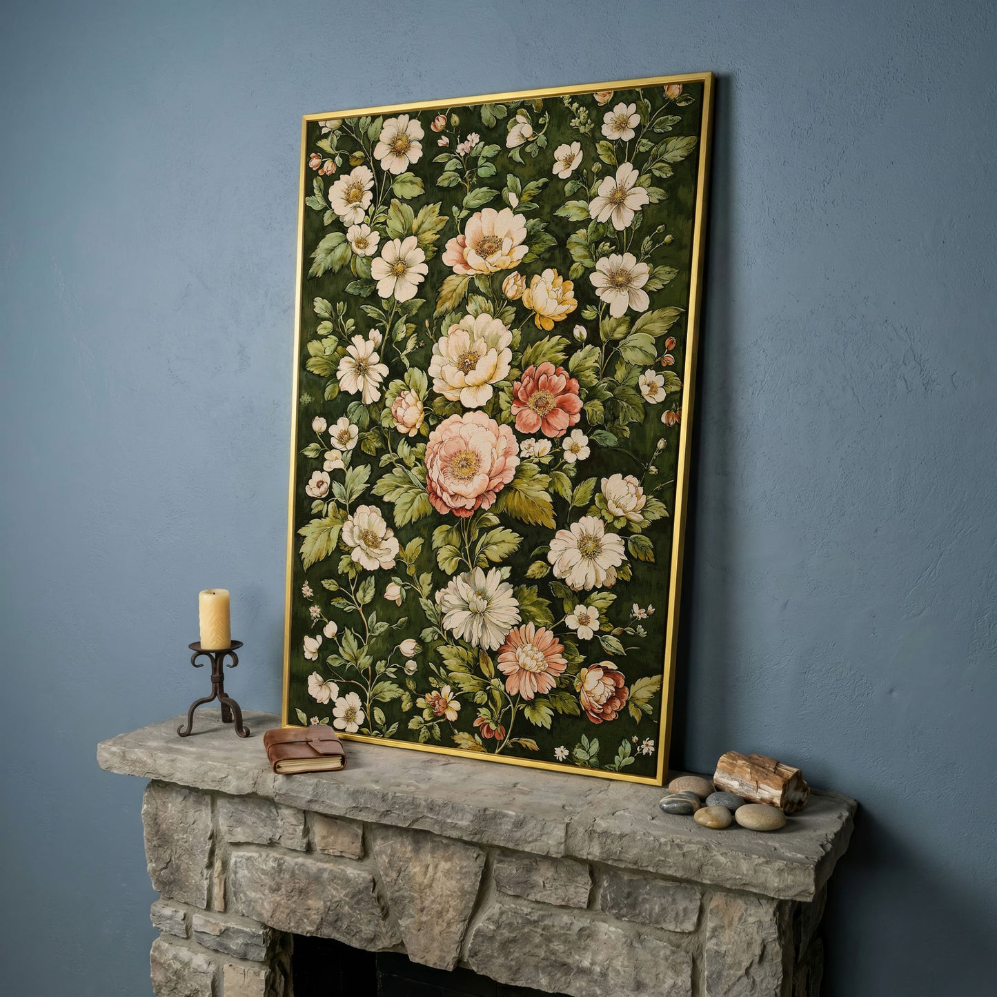 Vintage Peony Canvas Wall Art in Cream and Forest Green in yellow gold floating frame