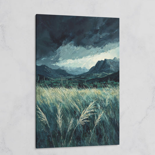 Stormy Sky and Green Field Mountain Landscape Canvas on gallery wrap