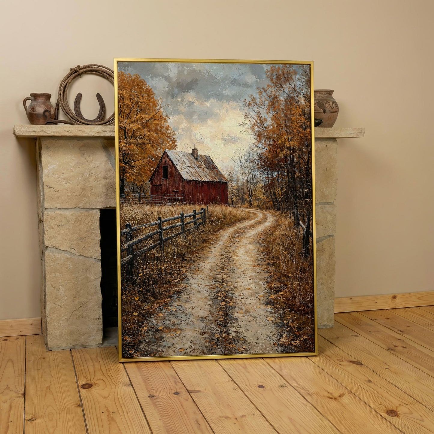 Red Barn and Pathway Canvas Print in Burnt Sienna in yellow gold floating frame
