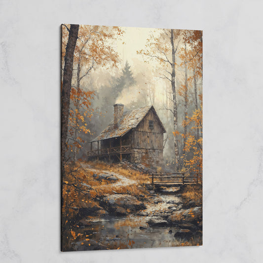 Rustic Autumn Forest Cabin Canvas on gallery wrap