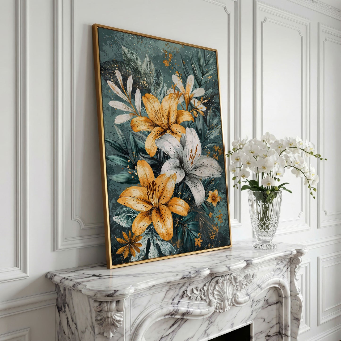 Lily Bouquet Canvas in Mustard and Teal in yellow gold floating frame