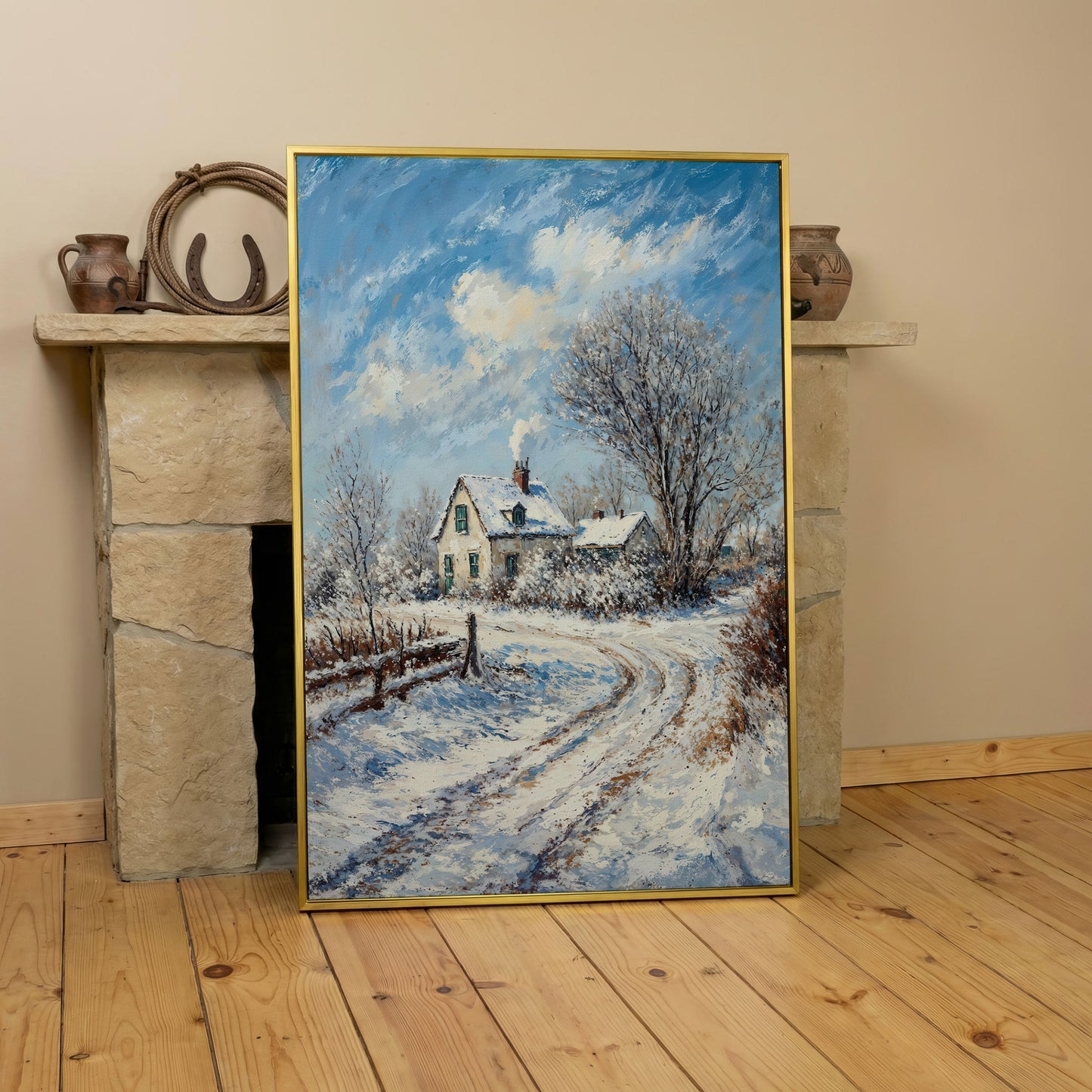 Winter Cottage Canvas Print with Snowy Landscape in yellow gold floating frame
