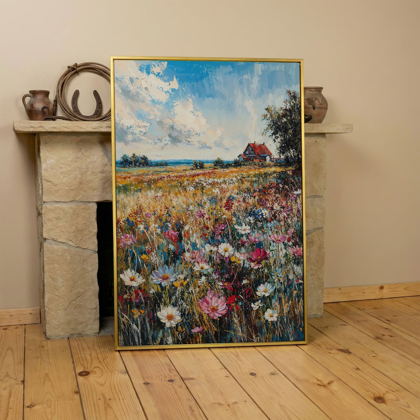 Cottage in Meadow with Wildflowers Canvas Print in yellow gold floating frame