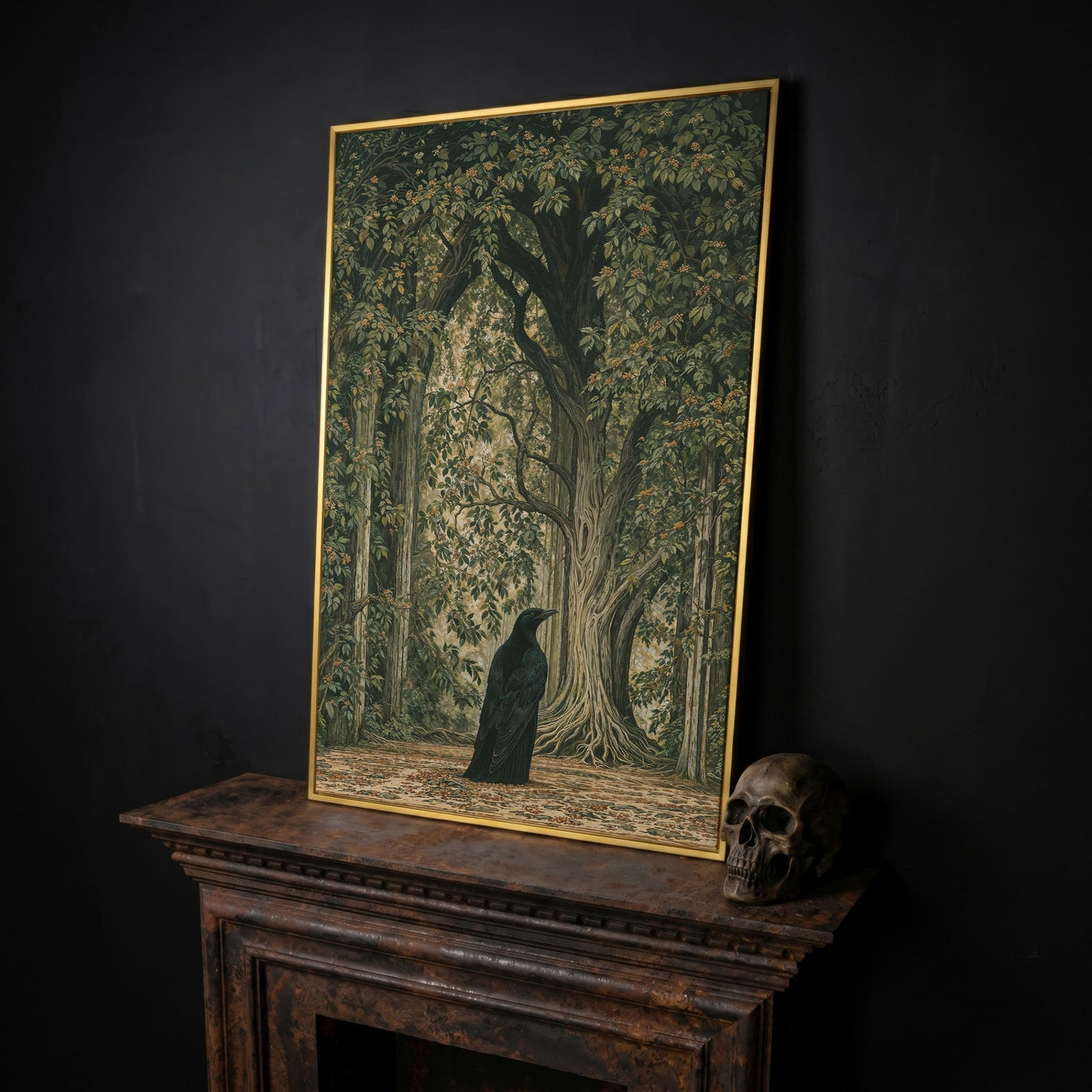 Gothic Raven in Enchanted Woods Canvas in yellow gold floating frame