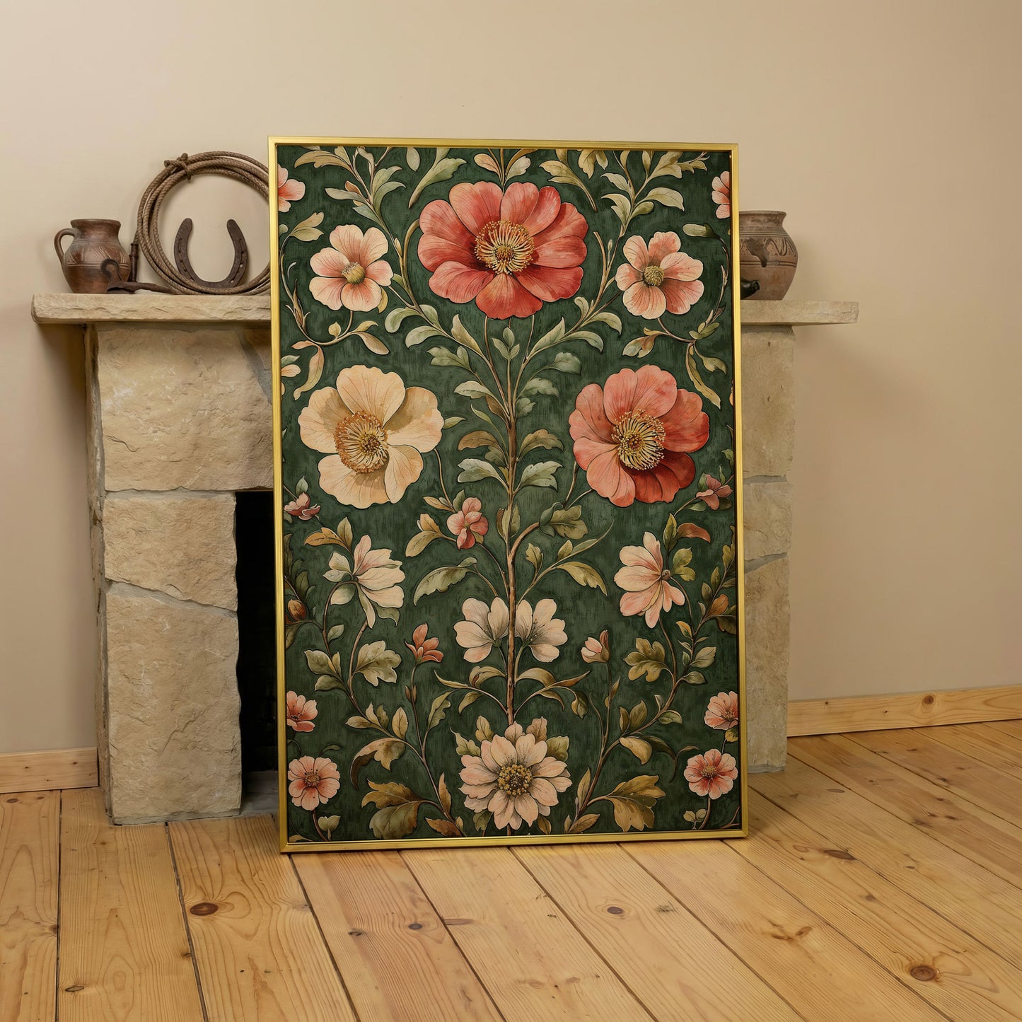 Vintage Floral Elegance Canvas in Forest Green and Salmon in yellow gold floating frame