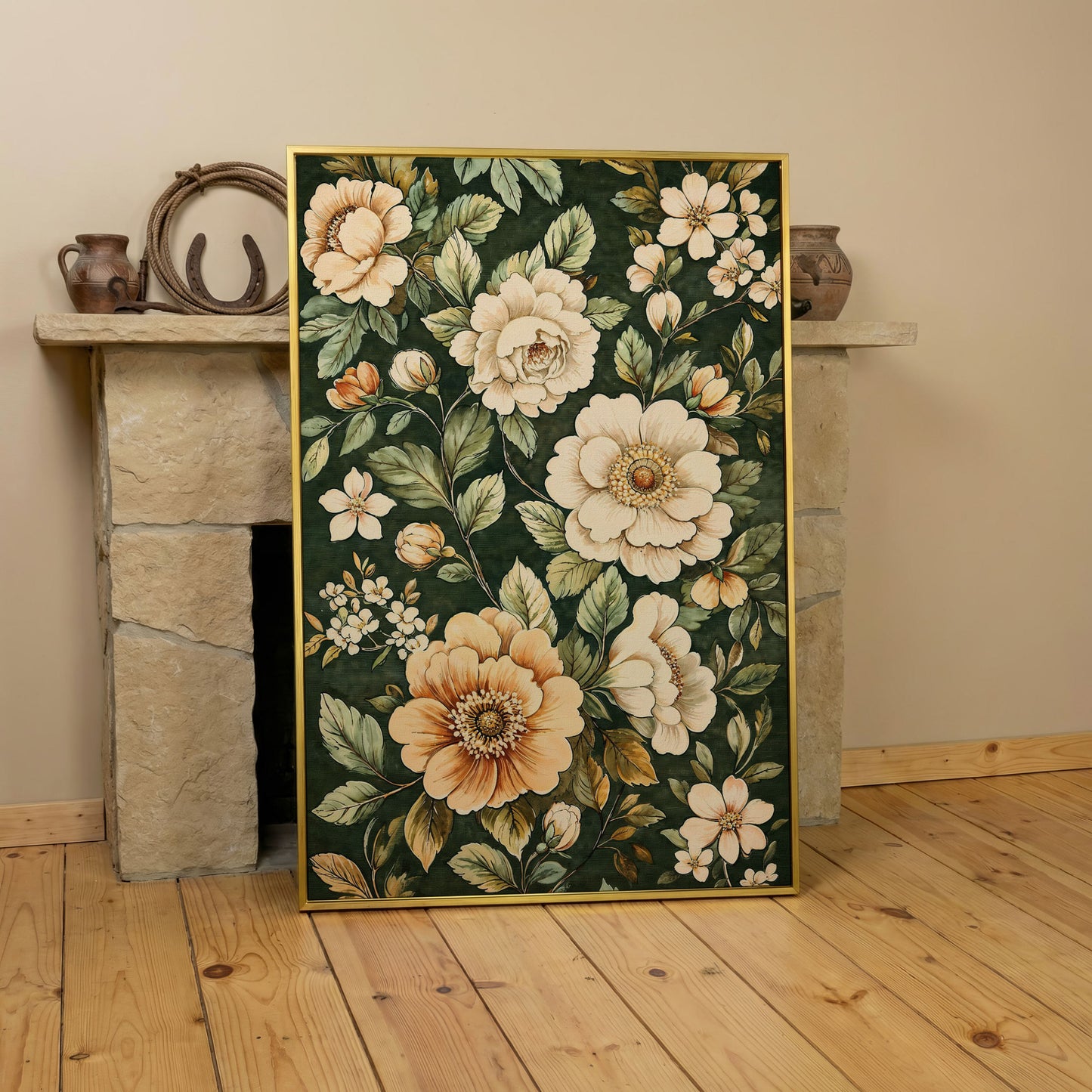 William Morris Floral Canvas in Forest Green in yellow gold floating frame