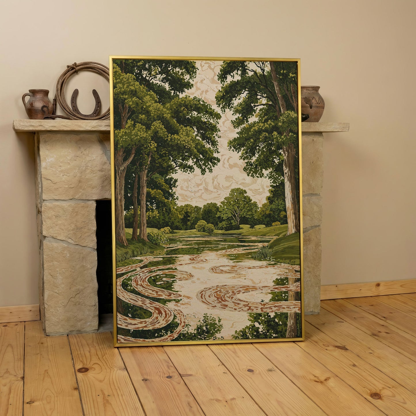 Forest Pond Canvas Print with Green Trees and Rippling Water in yellow gold floating frame