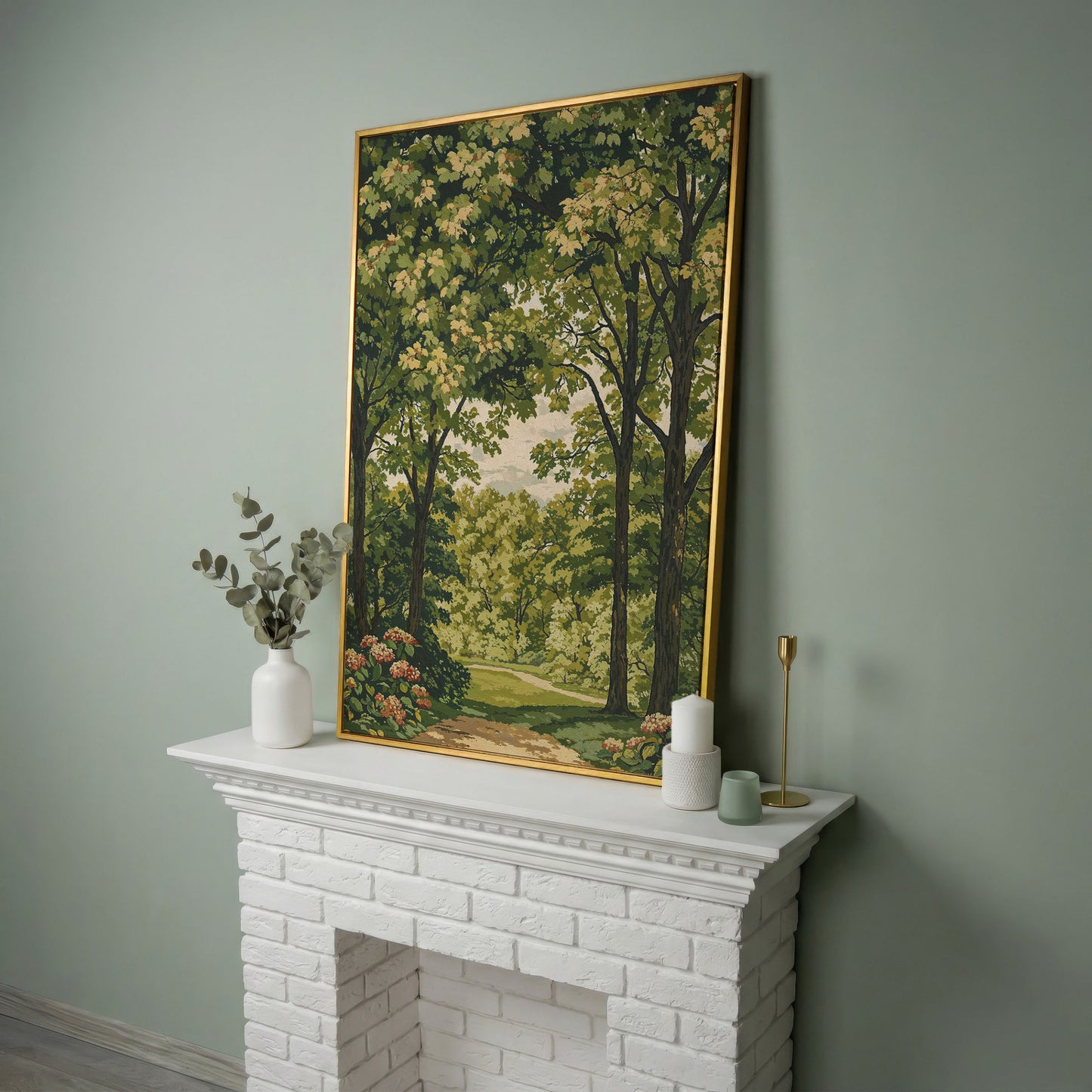 Peaceful Green Landscape Canvas in yellow gold floating frame
