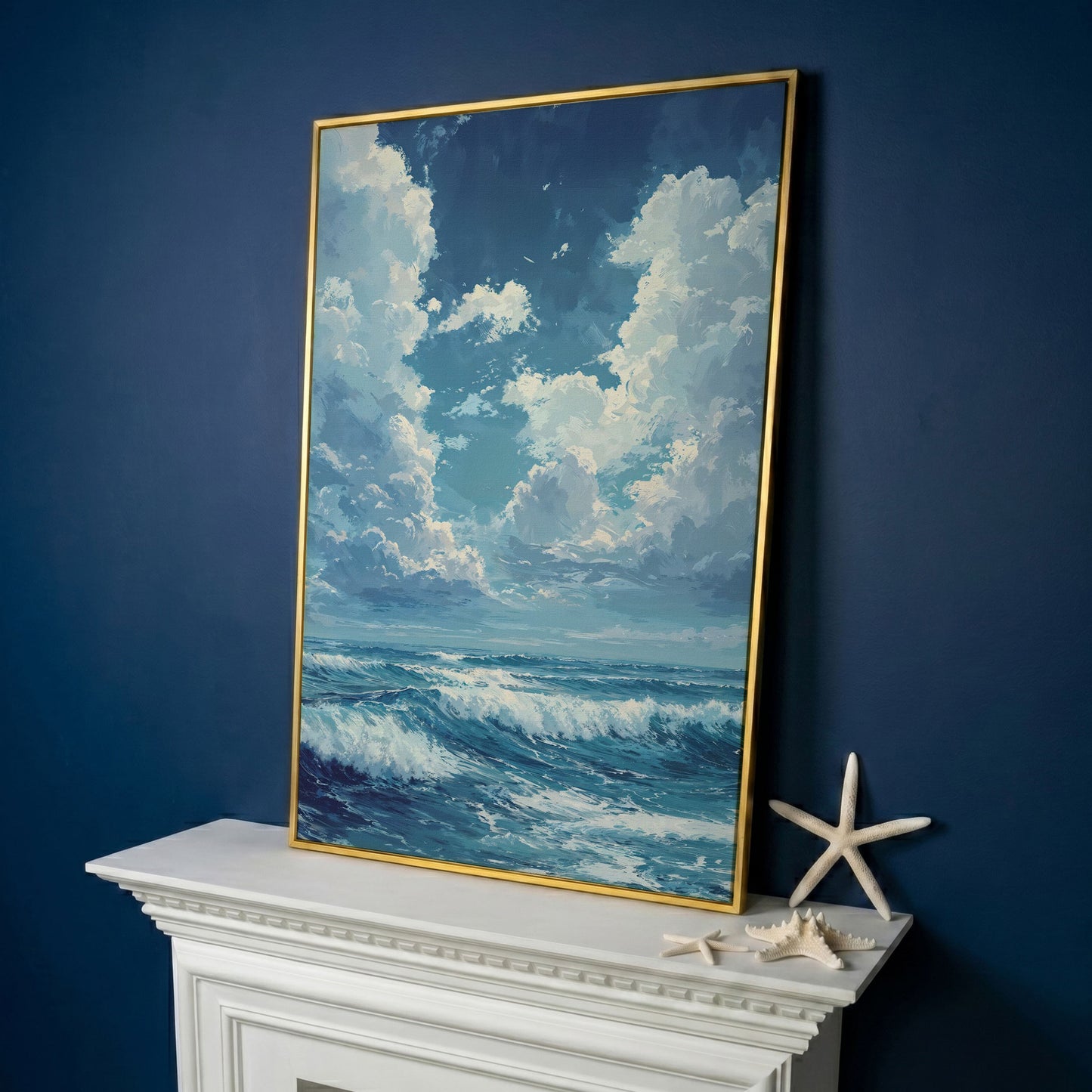 Blue Sky and Ocean Waves Canvas Print Seascape Art in yellow gold floating frame