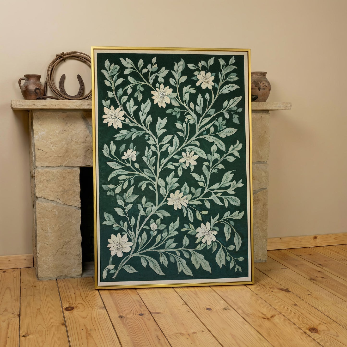 Dark Green Botanical Canvas with White Flowers in yellow gold floating frame