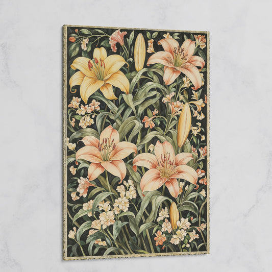 Peach Lily Botanical Canvas with Olive Foliage on gallery wrap
