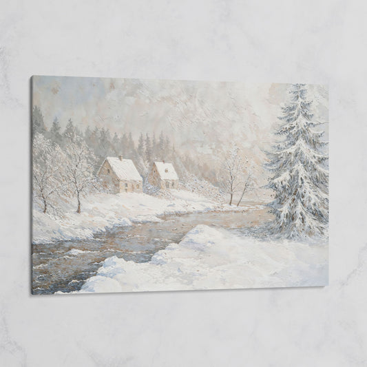 Cozy Cabins by Frozen River Winter Canvas on gallery wrap