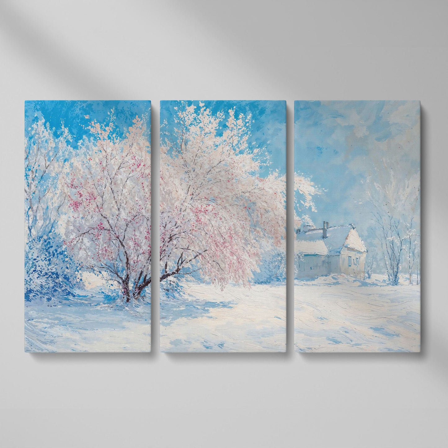 Snowy Cabin with Blossoming Trees Winter Canvas as 3-panel split version