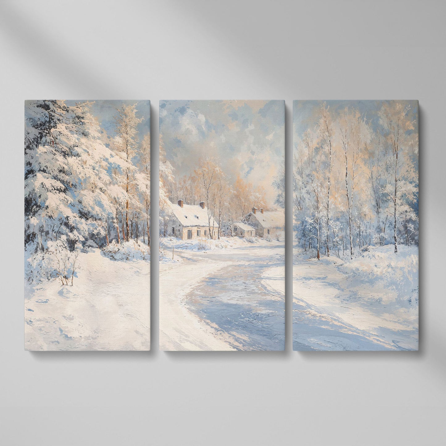 Snowy Village Road Canvas as 3-panel split version
