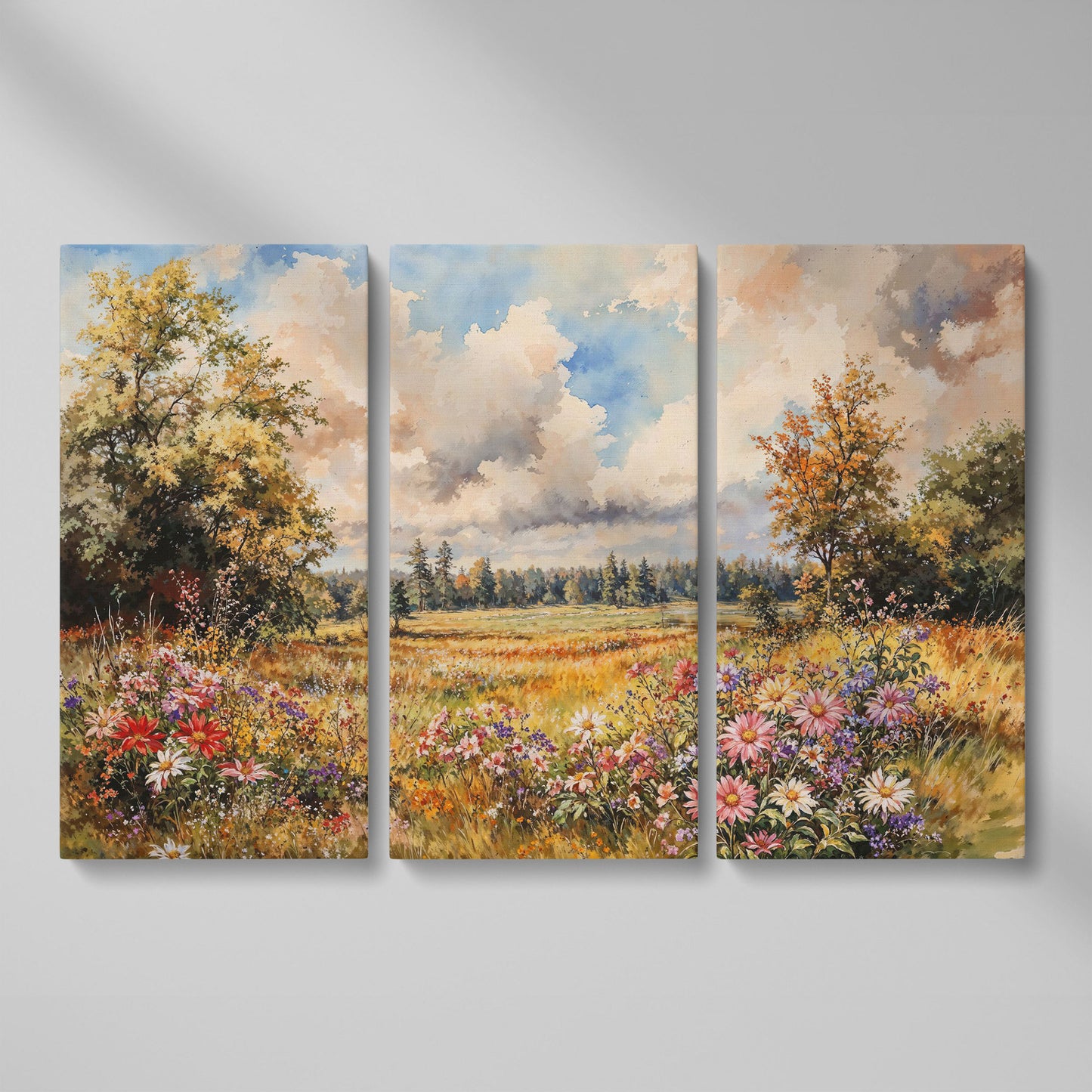 Colorful Summer Meadow Canvas Print as 3-panel split version