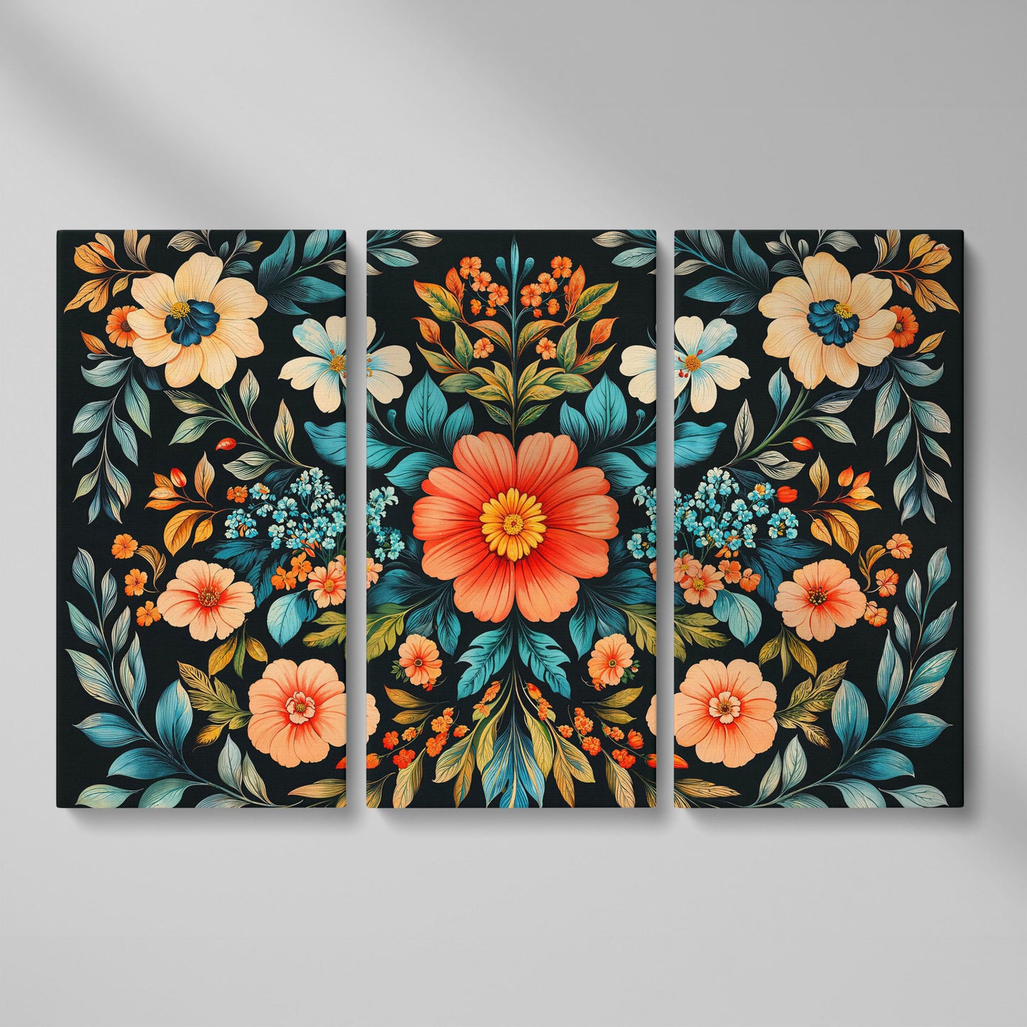 Coral & Teal Wildflower Canvas with Central Bloom as 3-panel split version