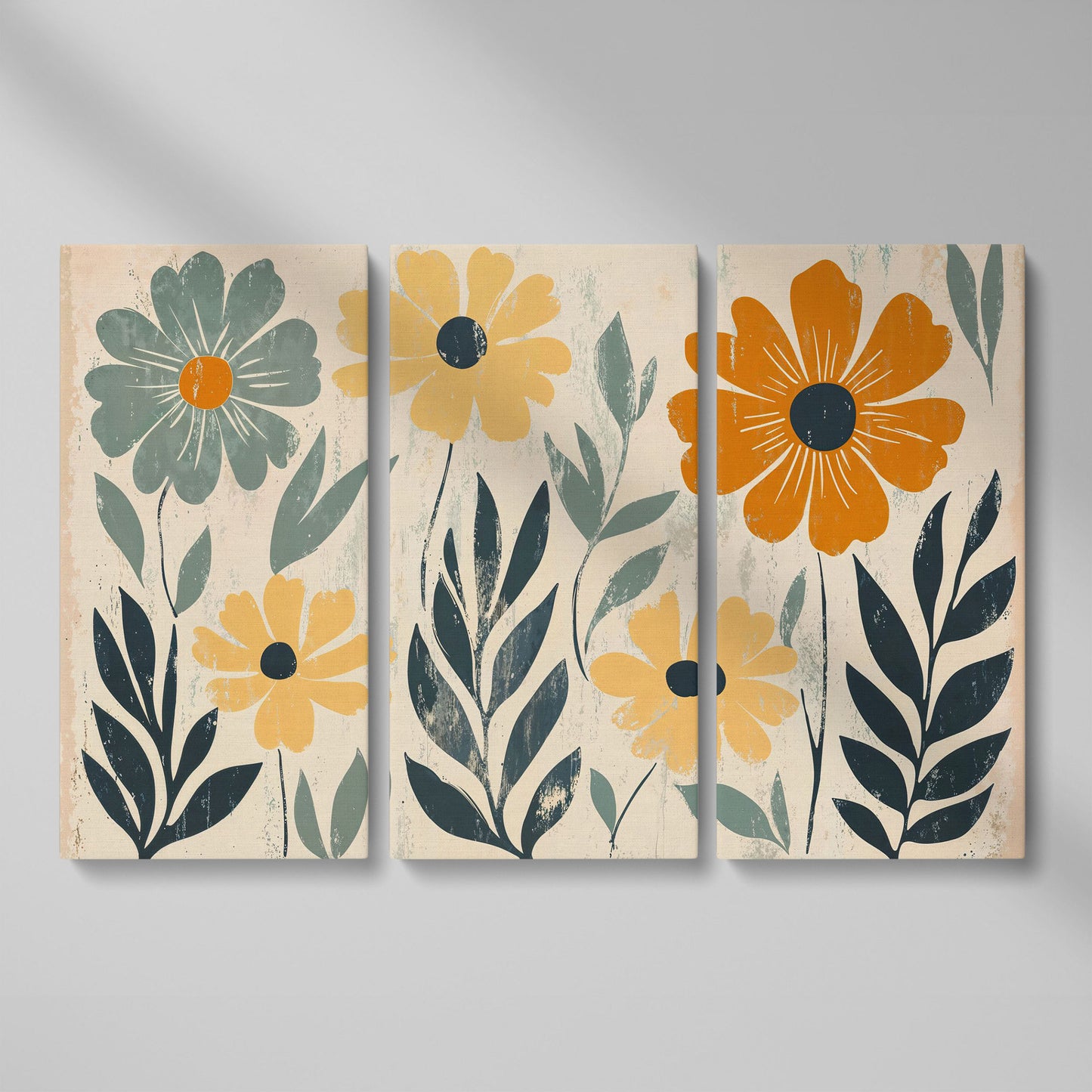 Daisy Floral Canvas Wall Art, Stylized Botanical Print as 3-panel split version