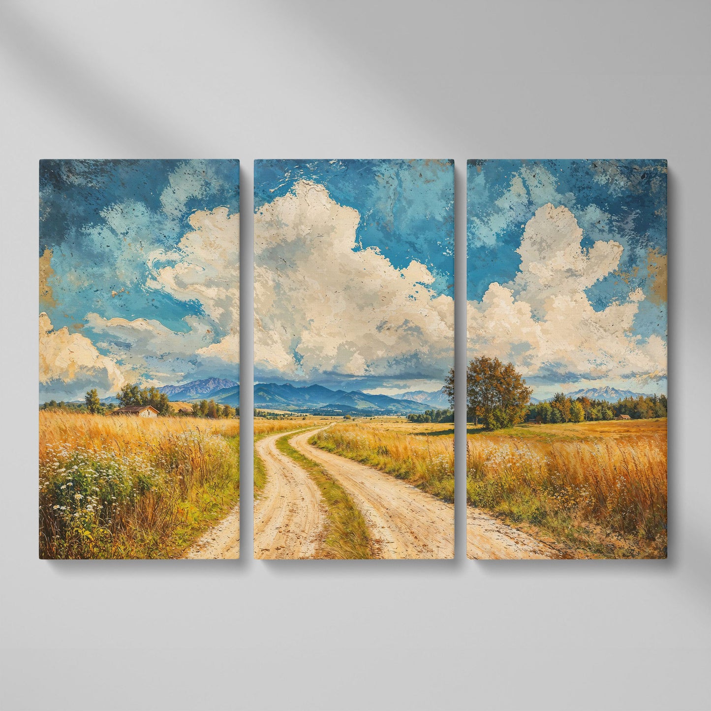 Mountain Landscape with Cloudy Blue Sky Canvas as 3-panel split version