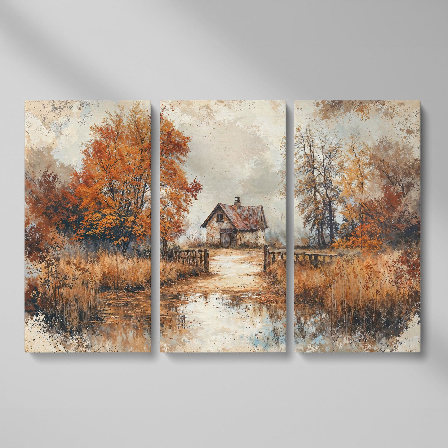 Rustic Log Cabin in Autumn Canvas Wall Art as 3-panel split version