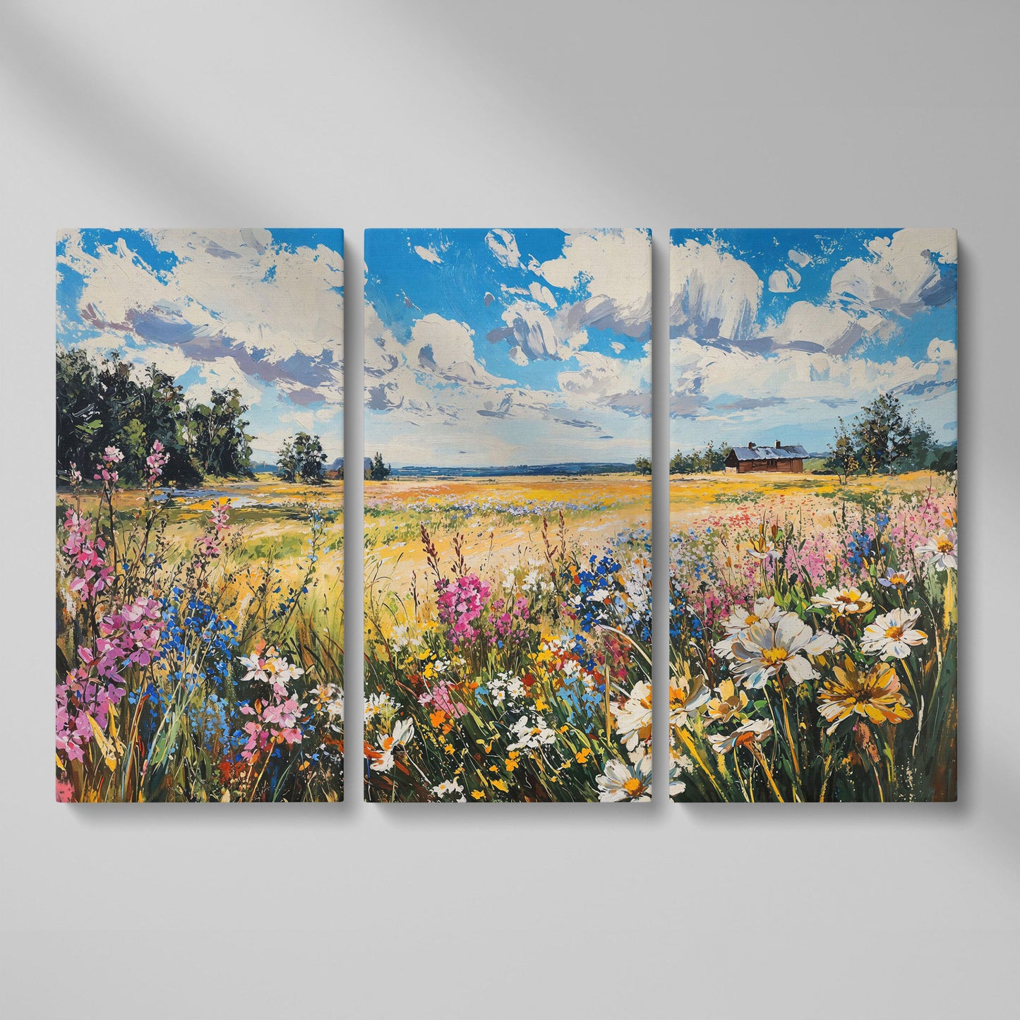 Wildflower Field Canvas Wall Art as 3-panel split version