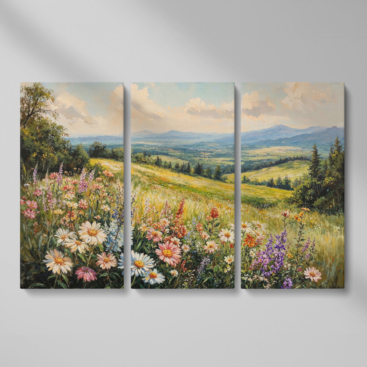Wildflower Landscape Canvas Print with Mountain View as 3-panel split version