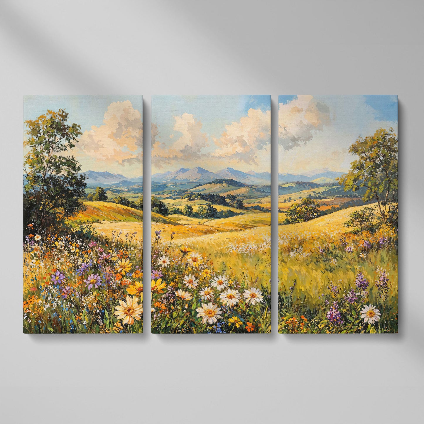 Summer Landscape with Wildflower Meadow and Mountains canvas as 3-panel split version