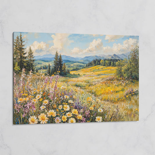 Wildflower Meadow with Mountain Landscape Canvas on gallery wrap