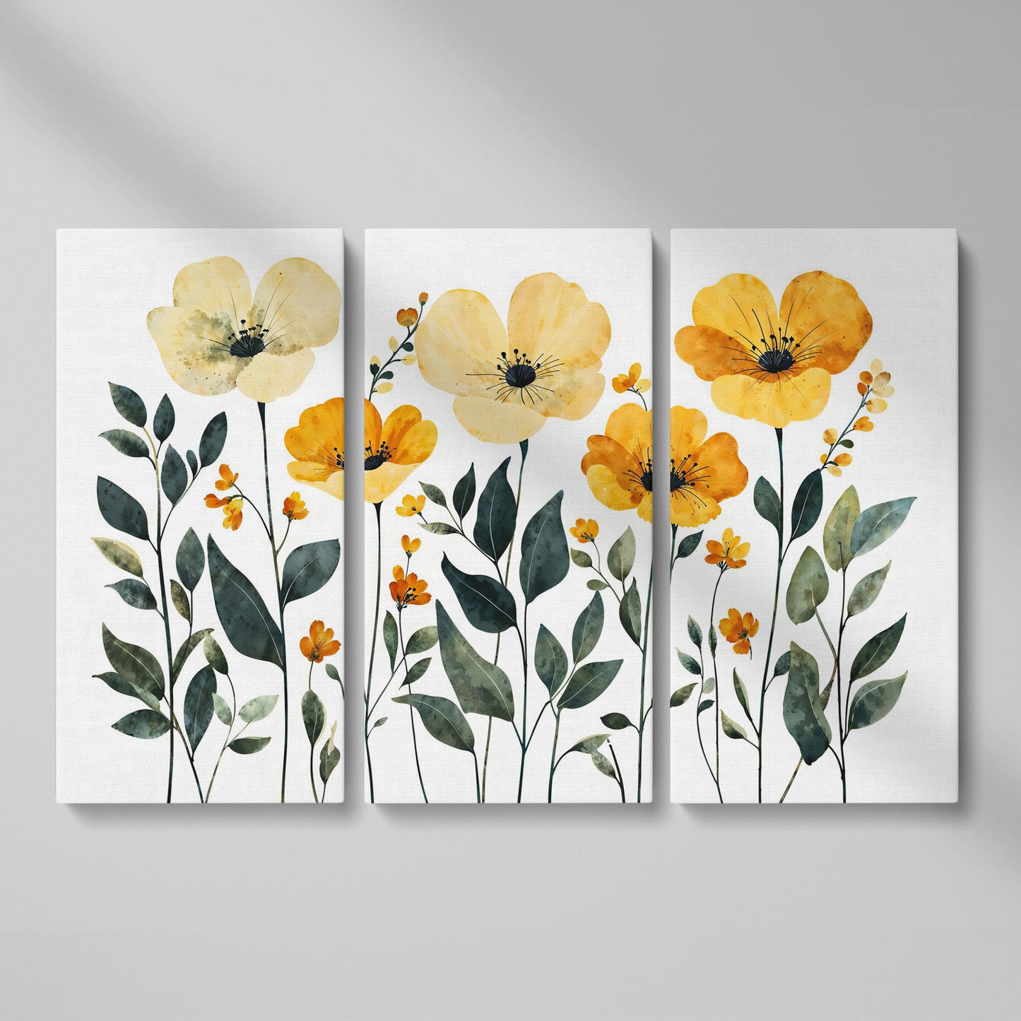 Yellow Boho Floral Canvas Print as 3-panel split version