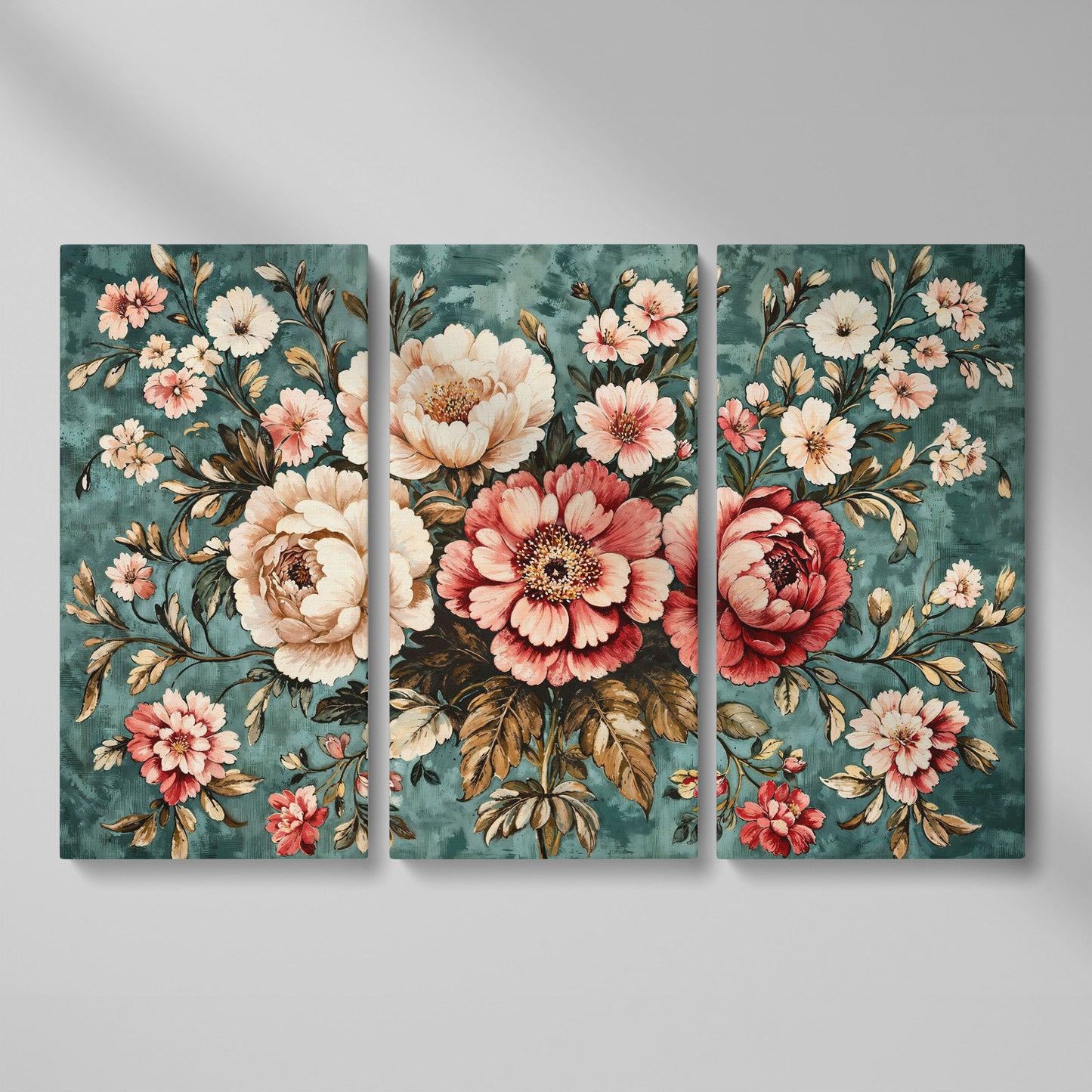 Pink Peonies on Teal Canvas Wall Art as 3-panel split version
